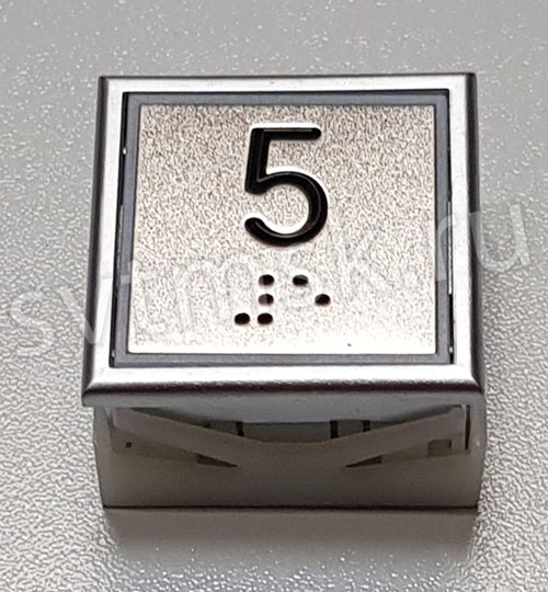 Кнопка «5» приказного аппарата лифта Thyssen. Красная подсветка. Квадратная. С брайлем